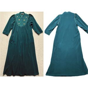 Vintage Vanity Fair Housecoat Robe Velour Embroidery Mrs Roper Teal Green Sz M